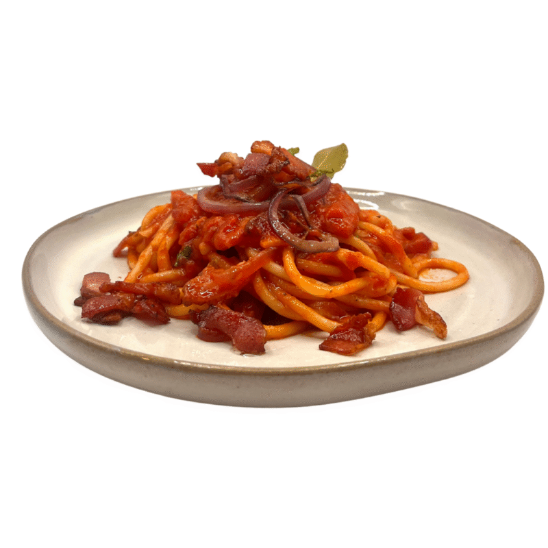 A Plate of Nonna's Pantry Authentic Traditional Italian Robust Amatriciana Sauce with Handmade Bucatini Pasta