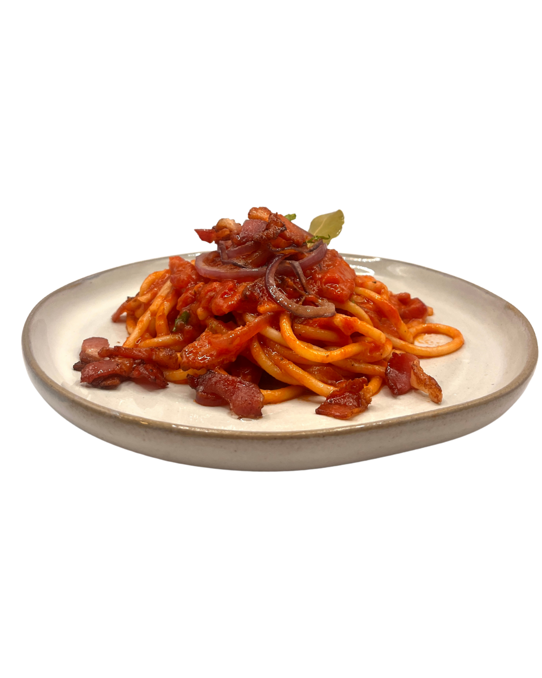 A Plate of Nonna's Pantry Authentic Traditional Italian Robust Amatriciana Sauce with Handmade Bucatini Pasta